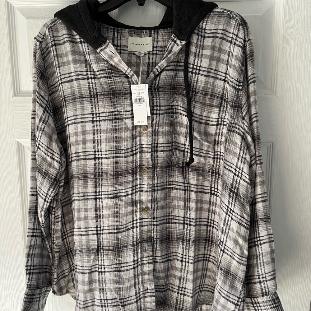American Eagle Outfitters Plaid Hoodie Sweatshirt - Black and Gray